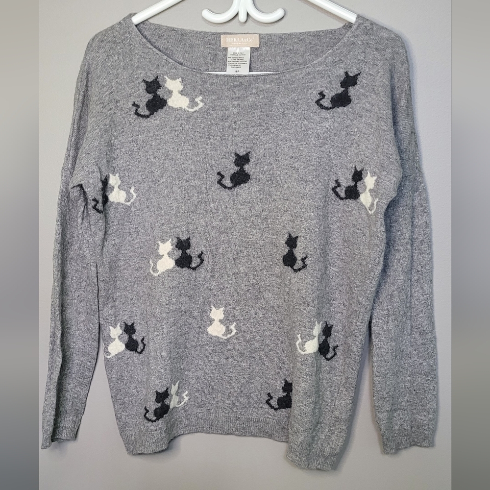Hekla & Co Gray Cat Pattern Sweater Merino Cashmere Blend S